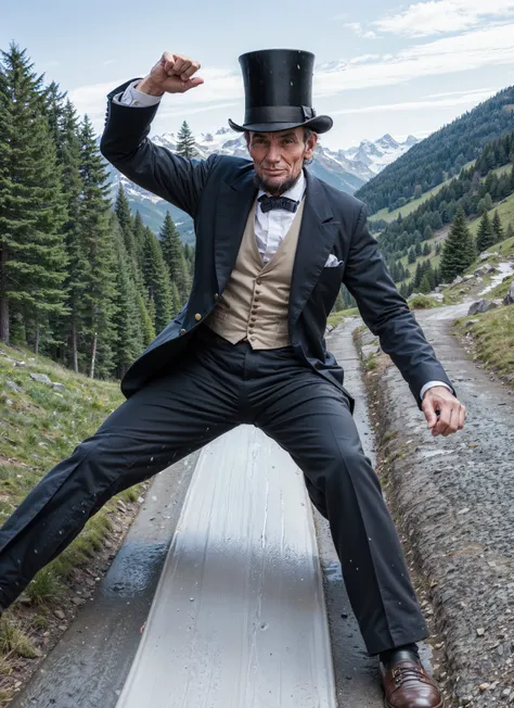 (Abraham Lincoln:1.1) sliding down a slip and slide on a mountain slope in the Swiss Alps, wet president, having a blast, excited and happy, wet beard, wearing tall tophat
Negative prompt: (worst quality:0.8), cartoon, halftone print, (cinematic:1.2), verybadimagenegative_v1.3, easynegative, (surreal:0.8), (modernism:0.8), (art deco:0.8), (art nouveau:0.8)
Steps: 35, Sampler: UniPC, CFG scale: 6, Seed: 2741038824, Size: 512x704, Model hash: 20af92d769, Model: nextphoto_v10, Denoising strength: 0.5, Clip skip: 1, Hires upscale: 2, Hires upscaler: 4x_NMKD-Superscale-SP_178000_G