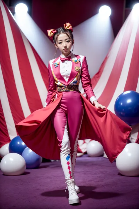 portrait of a beautiful korean with a bow in her hair, smooth red white background