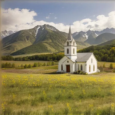 realistic picture, 35mm photograph of church, realism, wide open field, a small white church, mountains in the background behind the church, yellow flowers around the church, Hellen Georgia