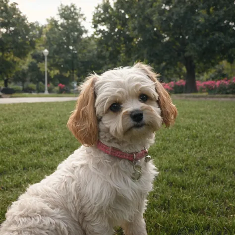 maltipoo, closeup, calm and soothing atmosphere, cute and stylish, city park background