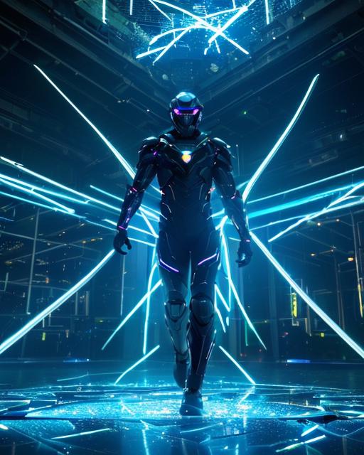 A man in a suit standing in a futuristic room with neon lights - SeaArt AI