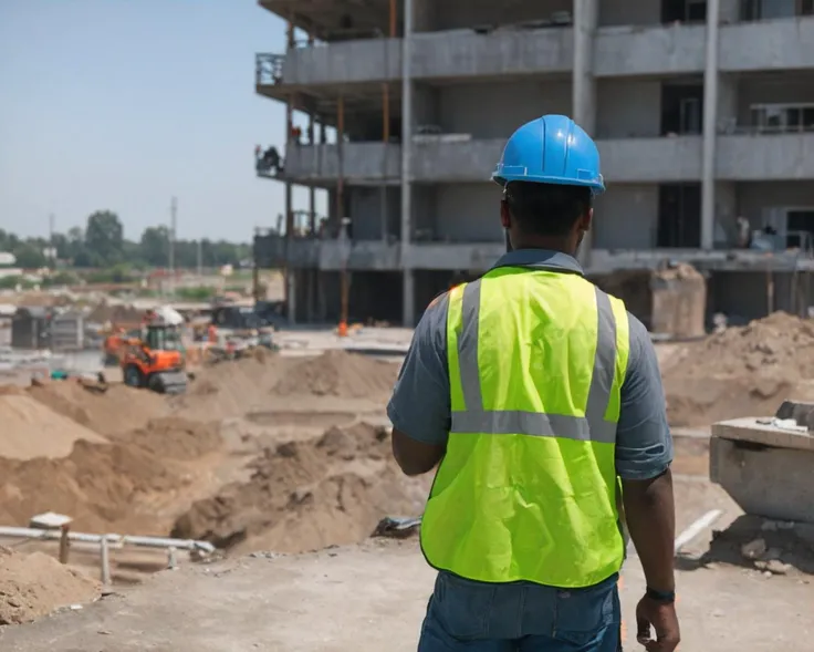 A photograph of a construction worker holding a bag of concrete at the work site
