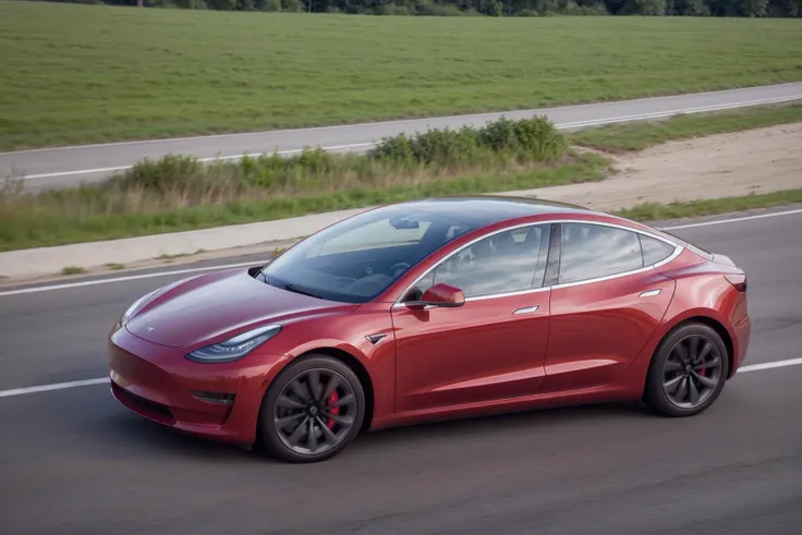 A perfect photo of a tesla model 3 driving on the highway