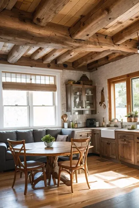 A perfect photo of a Light-toned wooden log walls and ceiling with visible grains and knots, polished wooden floor with rustic grain patterns, central natural wooden dining table, matching wooden chairs surrounding the table, white lace doily atop table, vibrant red-orange pumpkin and green potted plant on doily, magazine or photo album near pumpkin, large white and gray patterned pendant lampshade hanging above table, adjacent wooden kitchen cabinets with white countertop, open wooden shelves above counter holding various kitchen items, stainless steel utensils hanging, knife set fixed to wall, gray upholstered sofa in background, decorative pillows on sofa, large window beside sofa with red and white checkered curtains, framed artwork above sofa, wooden door to the left of kitchen slightly ajar, wooden shelf above door with assorted decorative items, earthy tones with pops of red and white, natural light streaming from window, indoor lighting creating inviting atmosphere, unified and cohesive living, dining, and kitchen space, efficient use of space, thoughtful interior design.