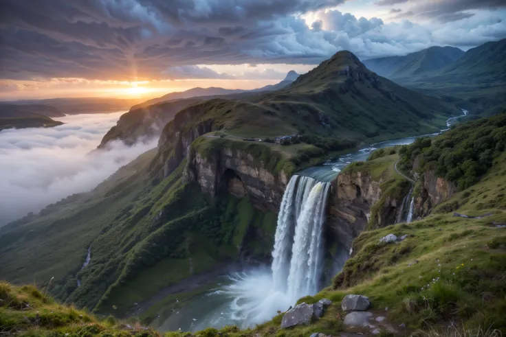 (masterpiece), (extremely intricate:1.3), (realistic), sharp focus, dramatic, award winning, (god rays:0.5), cinematic lighting, volumetrics dtx,
(((mostly sky))), landscape photograph, waterfall, 20mm lens, tilt shift view camera, less foreground, clearing storm, clouds,