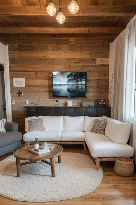 A perfect photo of a (Light-toned wooden log walls with visible grains and knots), Wooden ceiling with light-toned beams, Polished wooden flooring with natural grain, Gray upholstered sofa with rolled arms and seat cushions, Red and white checkered pillows on sofa, Plaid pillow on sofa, Wicker armchair with white cushioning, Matching wicker ottoman, Round side table with white lacy tablecloth, Mounted flat-screen TV displaying black and white visuals, Diverse framed artwork on the wall including landscapes and a tiger portrait, (Vintage wooden skis with leather bindings on the wall), White and gray patterned pendant lampshade, Red and white checkered curtain tied to one side, Two decorative embroidered area rugs on the floor, Small wicker shelf with a wicker lamp, Wall-mounted wooden ledge as a TV stand, Red bucket with an object next to the sofa.