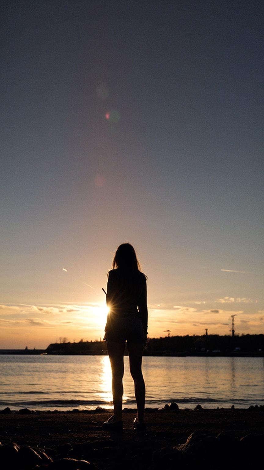 Arafed woman standing on the beach looking at the sunset - SeaArt AI