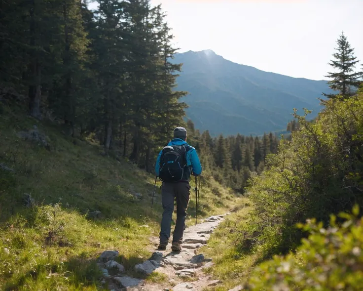 A perfect well-lit closeup photograph of a man hiking in the wild