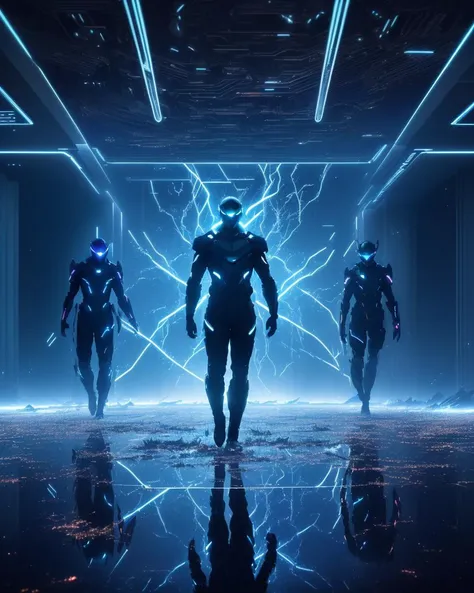 a perfect well-lit full body photograph capturing the essence of a futuristic dystopia where shadowy figures intertwined with glowing bioluminescent vines emerge from shattered mirrors reflecting fractured reflections of a parallel reality, the scene is bathed in a haunting mixture of moonlight and neon, with iridescent sparks dancing through the air like ethereal fireflies