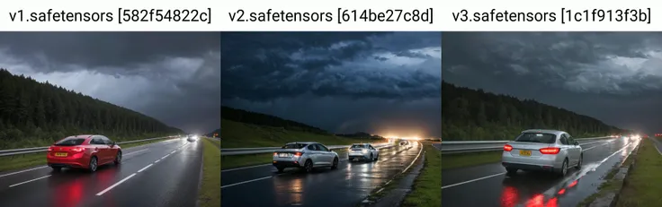 a perfect photograph of a car driving down the highway on a stormy night