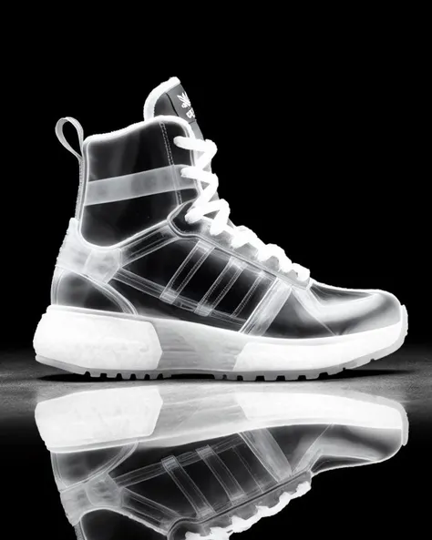 <lora:X-Ray_Art:1> x-ray radiography high contrast transparent glass sneaker, adidas