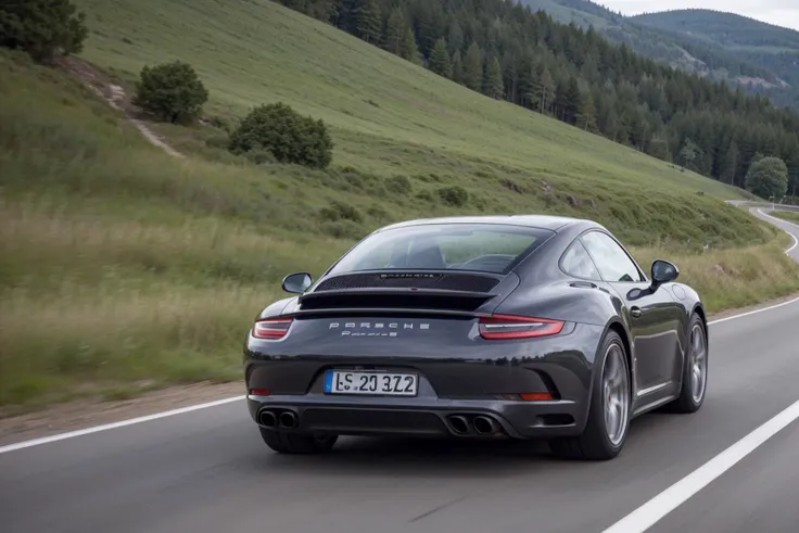 A perfect photo of a porsche 911 driving on the highway