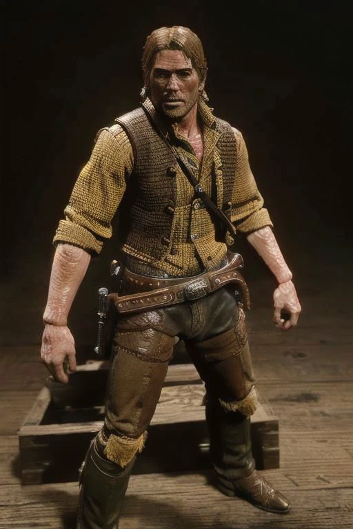 1 adult man,
RDR2Arthur,
full body shot, plastic collectable action figure, detailed garments, solo focus, high quality skin texture, aesthetic composition, 8k,
