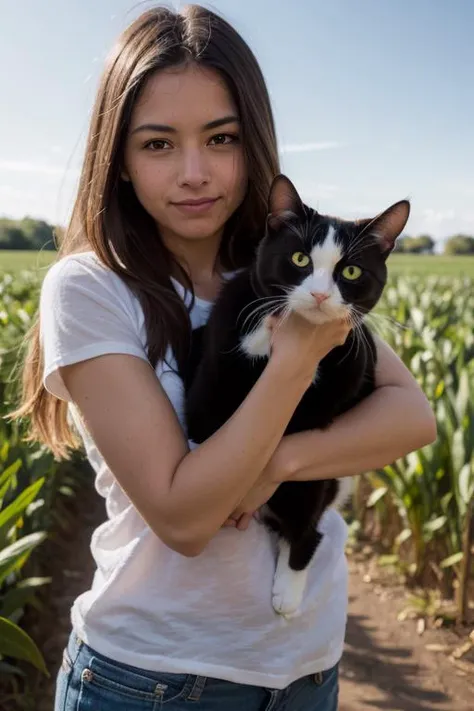 poorly composed photo of a woman in field holding a humanoid cat, natural lighting