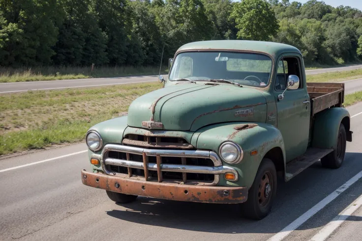 A perfect photo of an old beater truck driving on the highway