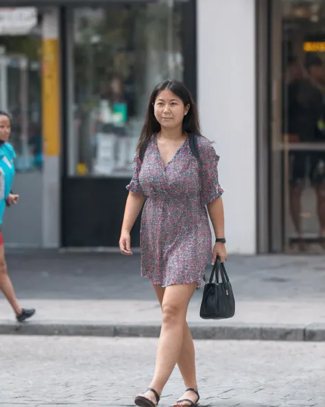 A candid street portrait photograph of a normal, yet beautiful woman walking down the street