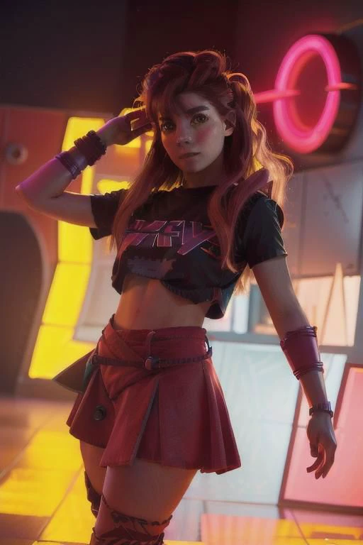 ung adult woman, AloyHorizon, Eighties, thighighs, maroon mini-skirt, tshirt with funny theme, 80's hairstyle , bright makeup, facing the viewer with friendly facial expression,
spotlight, dark theme,
bright red colour tiler,
dynamic and thrilling composition, realistic