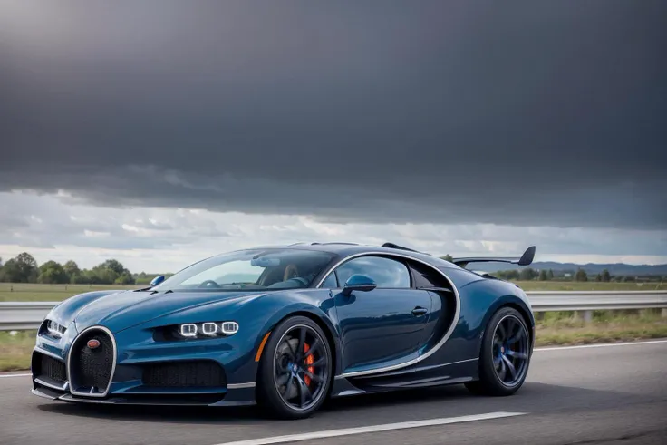 A perfect photo of a bugatti chiron driving on the highway