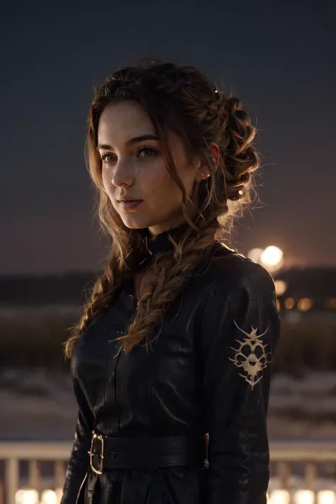 (best quality, masterpiece:1.2), 1 girl, woman, freckles, pink eyes, ginger prom hairstyle, portrait, solo, half shot, looking away, detailed background, detailed face, (<lora:WorldofShadows:0.6>, shadow aura, purple and black, worldofshadows theme:1.1), sentry, keeping watch, stoic, emblem, bridge in background, fortified, night, medieval atmosphere,