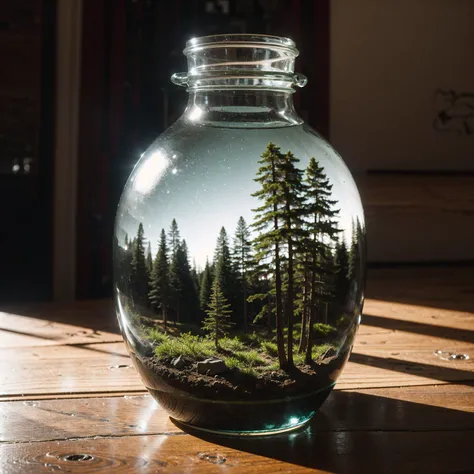 RAW studio photo of (An intricate forest minitown landscape trapped in a bottle), atmospheric oliva lighting, on the table), intricate details, dark shot, soothing tones, muted colors, (technicolor:0.3), (muddy:0.3), (natural light:0.8), dark theme, (shadows:0.8), film grain