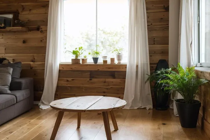 A perfect photo of a Light-toned wooden log walls with visible grains and knots, Wooden ceiling with light-toned beams, Polished wooden flooring with natural grain, large wooden-framed window beside wooden balcony door, clear glass allowing natural light, delicate white sheer curtain draped and gently pulled aside, wooden table in front of window, tall lamp with slender base and white shade on table, potted plant with reddish-purple leaves on table, small decorative object next to plant, wooden balcony visible through door with horizontal slat railing, trees with transitioning yellow and green leaves, sunlit foliage contrasting with cooler shadows, harmonious juxtaposition of cozy interior and vibrant exterior, central positioning of table and decor as focal point, sheer curtain adding softness to sturdy wooden structures.