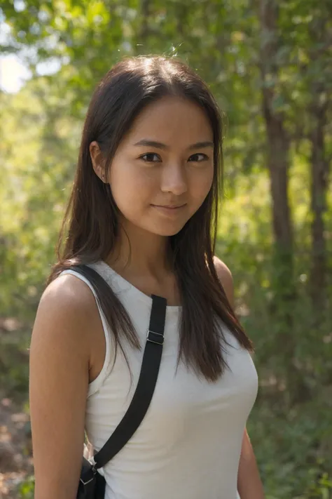 a perfect well-lit (closeup:1.15) (medium shot portrait:0.6) photograph of a beautiful woman standing on the hiking trail, wearing an intriguing outfit, looking at me, coy slight smile