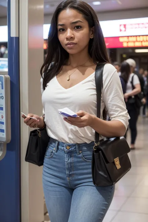 a perfect medium candid photo of a [kinda (stressed:0.1)::8] average woman at the metro station, she glanced at you