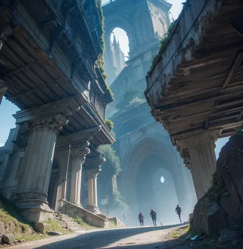 photo of  Dappled Light, towering structures, low angle shot,  distant bridges, small staircases,
[(stanislav beksinski:1.2):2] ,
[ big windows, interior, brutalism,  (infinite space:1.6), falling over, VFX shot, tiny doors, tiny people::7] ,
[ (street signs, handrails:1.3), lamp posts, advertisements, (glossy finish:1.4), tiles,( paint degradation, saturated paint:1.2),  flying buttress, Spire, stained glass windows:17] ,
[photo of dense abandoned building, (dense ivy:1.2), (graffiti:1.3) :25],
[(elevated view of  a flea market in Prague:1.2):25]
clear sky