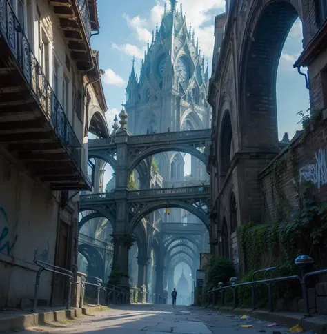 photo of Dappled Light, towering structures, low angle shot,  distant bridges, small staircases,
[(stanislav beksinski:1.2):2] ,
[ big windows, interior, brutalism,  (infinite space:1.6), falling over, VFX shot, tiny doors, tiny people::7] ,
[ (street signs, handrails:1.3), lamp posts, advertisements, (glossy finish:1.4), tiles,( paint degradation, saturated paint:1.2),  flying buttress, Spire, stained glass windows:17] ,
[photo of dense abandoned building, (dense ivy:1.2), (graffiti:1.3) :25],
clear sky