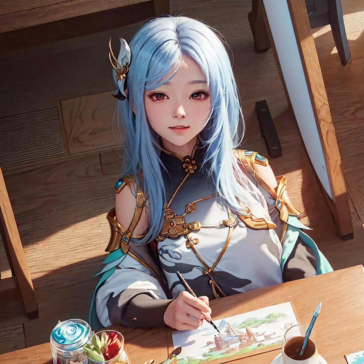 masterpiece,best quality,official art,extremely detailed CG unity 8k wallpaper,highly detailed,illustration,anime screencap,shenhe \(genshin impact\),girl, <lora:shenheLoraCollection_shenheHard:1>