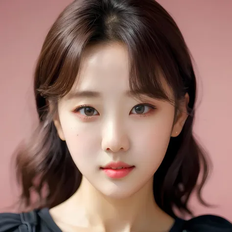 pink background, hyper realistic lifelike texture dramatic lighting unreal engine trending on art station, award winning photo, nikon RAW photo,8 k, Fujifilm XT3,masterpiece, best quality, realistic, photorealistic, ultra detailed, extremely detailed face, solo,1girl, standing, fashionable and trendy atmosphere, high-end makeup products, and a stylish expression on her face, close up, pink t-shirt, closed mouth, closed lips, looking at viewer,