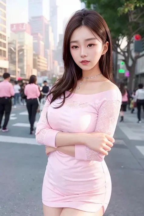 (skin blemish:1.2), (skindentation), black eye, 1woman, 25yo, (((woman))), solo, realistic, best quality, photorealistic, masterpiece, 8k, high res, solo, extremely detailed face, (professional lighting, bokeh), (light particles, lens flare, glowing particles:0.6), (dynamic pose:1.2), soft lighting, top angle view, fashionable and trendy atmosphere, China, Shenzhen, street, city, park, shop, ((daytime)), sky, ((looking at the viewer:1)), (looking at the camera),(portrait:0.6), cowboy shot, gorgeous, walking, keep original facial proportion, wide shoulder, full body, (medium breast), (medium hair), brown hair, floating hair, lips, lipstick, seductive smile, floating hair, smile, open_mouth, teeth, (pink sleeves less white blouse), (jumper skirt), eyelashes, mole, (mole under eye:1),  <lora:CN04:0.8>