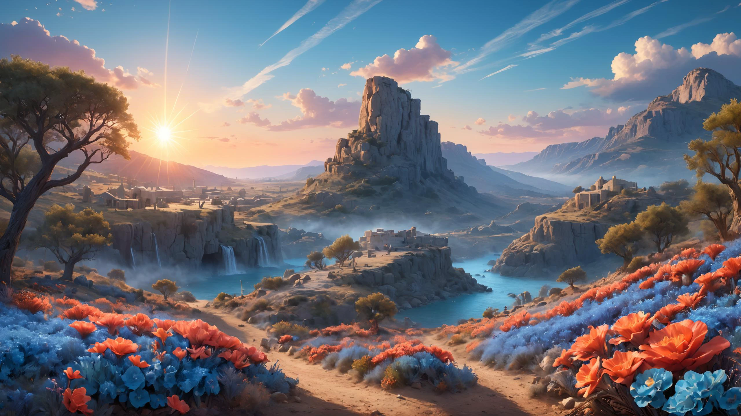 (homeric epic, iliad, odyssey style:1.5), <lora:EnvyDreamlandsXL01-adamw:0.5>, <lora:DonMC3l3st14l3xpl0r3rsXL:0.5> (DonMC3l3st14l3xpl0r3rsXL:1.1), (3d realistic art style:1.5).
Landscape of a countryside with animals and displays, arid landscape with (feathery light blue leaves:1.5), (glowing coral flowers:1.5) and (floral sky:1.5) with (two suns overhead:1.5). night, misty.
cinematic lighting, vibrant colors, detailed skin texture, detailed cloth texture, beautiful detailed perfect face, intricate sharp details, ultra high res