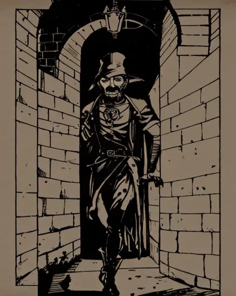 <lora:DonMC3l3st14l3xpl0r3rsXL-000007:0.7> *read notes* <lora:FantasyClassics:1.0> fantasyclassics, dastardly thief in a dungeon's hallway, oldschool fantasy RPG linework, inked