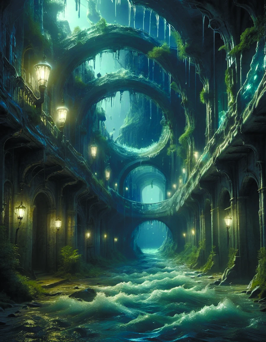 inside the ancient flooded sewers old part of the city. fantasy,adventure,dripping water,standing water,channel,stagnant water,waterfall,rivulets,musty,moss,sewage,dark,underground,abandoned spaces,torch - lit jones and alan lee vernay,synthwave style watce <lora:watce-sdxl:0.8>,DonMn1ghtm4reXL <lora:DonMn1ghtm4reXL:0.7>,by diegocr,DonMC3l3st14l3xpl0r3rsXL <lora:DonMC3l3st14l3xpl0r3rsXL-000007:0.6>