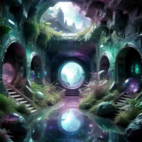 ((best quality)), ((masterpiece)), ((realistic,digital art)), (hyper detailed),DonMC3l3st14l3xpl0r3rsXL Mythical Landscapes Lush Vegetation,Cave Passage, tech, scifi, futuristic , 8K, HDR, <lora:DonMC3l3st14l3xpl0r3rsXL-000007:1>