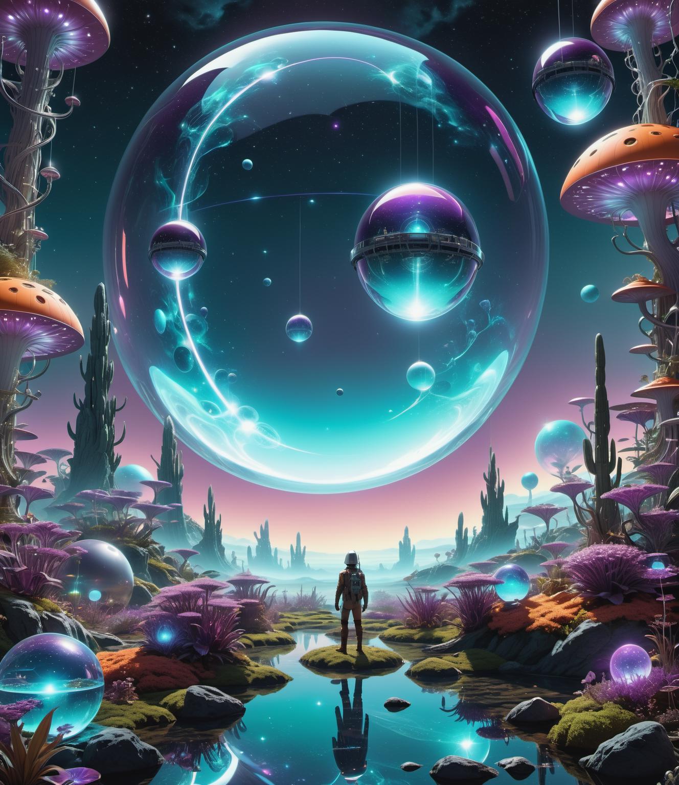 A man standing in front of a futuristic landscape with a giant bubble ...