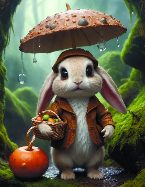 adorable fluffy light-brown princess mushroom bunny with big long bunny ears and big eyes up-close holding a straw basket with colorful leaves and tiny carrot-shaped acorns,holding a mushroom umbrella,raining,uniquely shaped rock formations with vines and moss,trees with little fairies,illumination,detail,cinematic,fantasy,ultra HD,by diegocr,realism,dreamy,<lora:add-detail-xl:1.6>,DonMC3l3st14l3xpl0r3rsXL <lora:DonMC3l3st14l3xpl0r3rsXL-000007:0.8>