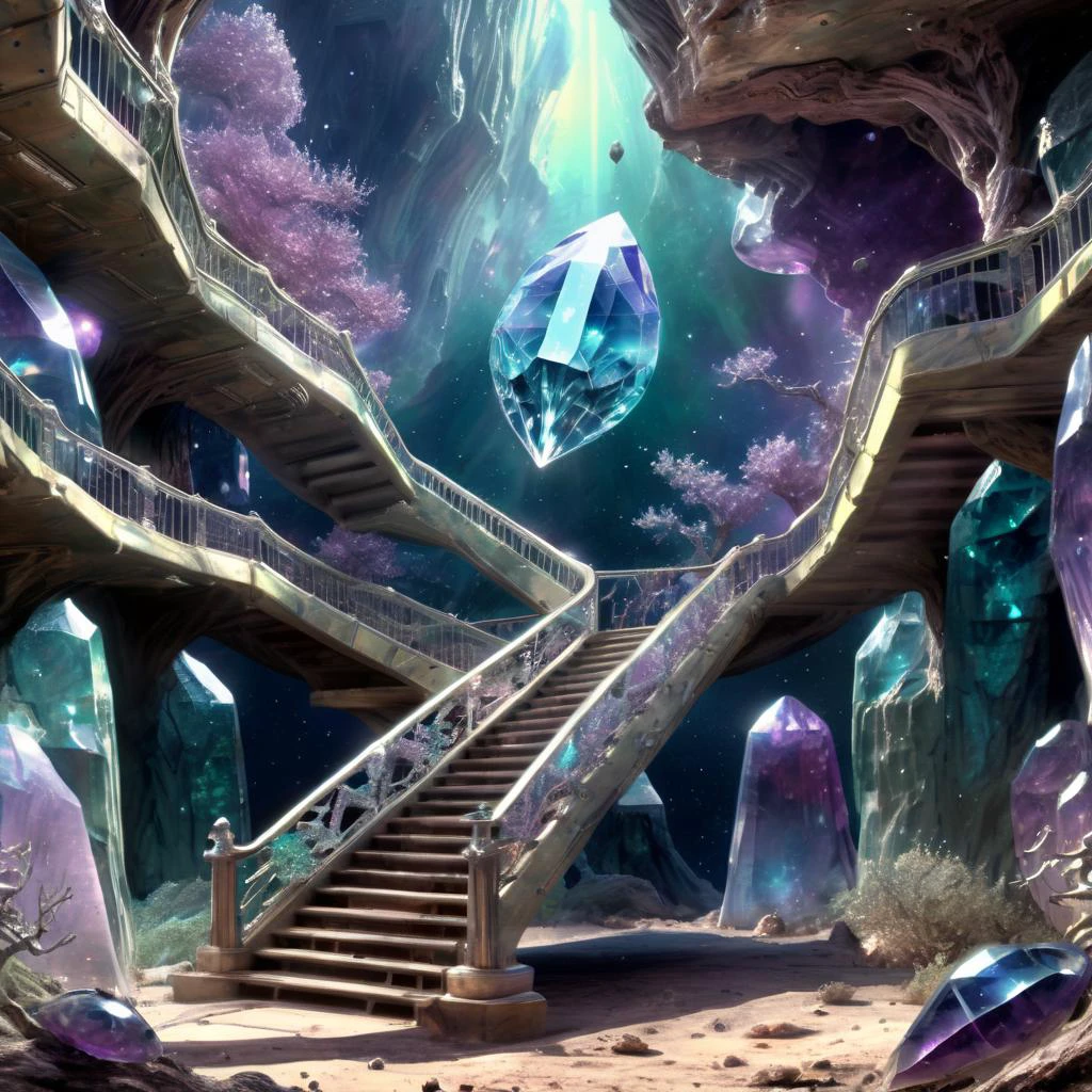((best quality)), ((masterpiece)), ((realistic,digital art)), (hyper detailed),DonMC3l3st14l3xpl0r3rsXL Crystal Canyon Wildlife Camouflage,Chert,Staircase,Turtle, 8K, HDR, <lora:DonMC3l3st14l3xpl0r3rsXL-000007:1>
