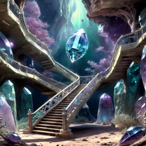 ((best quality)), ((masterpiece)), ((realistic,digital art)), (hyper detailed),DonMC3l3st14l3xpl0r3rsXL Crystal Canyon Wildlife Camouflage,Chert,Staircase,Turtle, 8K, HDR, <lora:DonMC3l3st14l3xpl0r3rsXL-000007:1>
