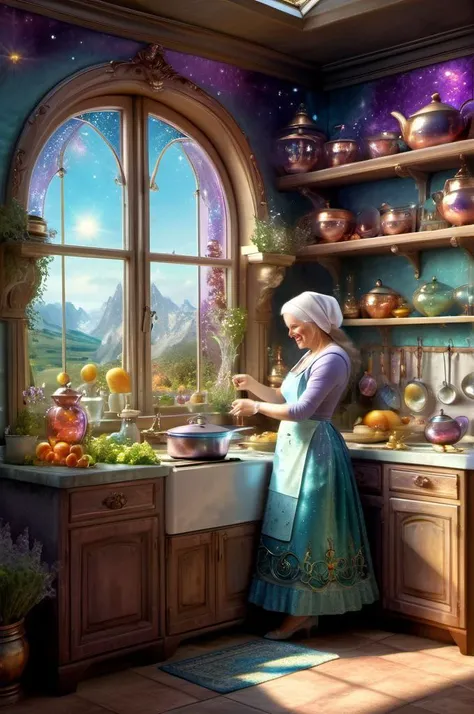 , <lora:DonMC3l3st14l3xpl0r3rsXL:1> DonMC3l3st14l3xpl0r3rsXL,
use magical, whimsical, fairytale, fantasy, A highly detailed mother in her kitchen preparing meal, window sunny day, happy, smiling,