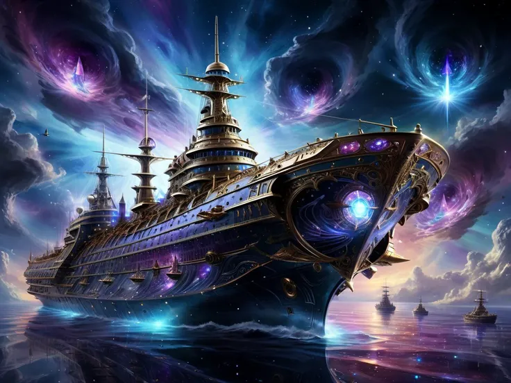 <lora:AetherPunkAI:.6> AetherPunkAI <lora:DonMC3l3st14l3xpl0r3rsXL:.6> DonMC3l3st14l3xpl0r3rsXL fantasy Shimmering warships with aether-enhanced cloaking fields (Highly detailed, amazing, Impressive lighting, vibrant colors, Ultra Realistic, High quality, Highly detailed, trending on artstation, intricate detailed background
:1.2)