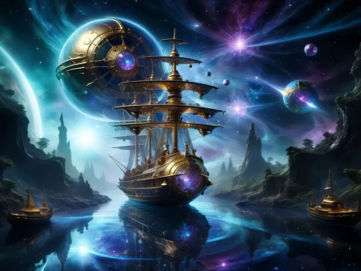 <lora:AetherPunkAI:.6> AetherPunkAI <lora:DonMC3l3st14l3xpl0r3rsXL:.6> DonMC3l3st14l3xpl0r3rsXL fantasy Starships sailing an aether river that transcends space-time (Highly detailed, amazing, Impressive lighting, vibrant colors, Ultra Realistic, High quality, Highly detailed, trending on artstation, intricate detailed background
:1.2)