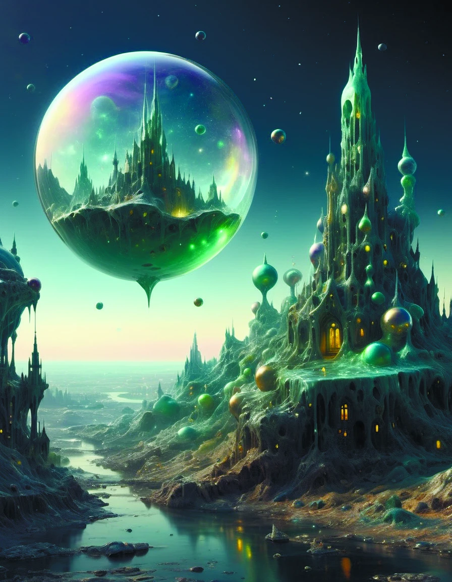 a surreal bubble cluster of fantasy cities rises above a landscape of dripping surreal geology,ornate,peter mohrbacher,fred tomaselli,victo ngai,roger dean,acidzlime <lora:acidzlime-sdxl:0.8>,by diegocr,DonMC3l3st14l3xpl0r3rsXL <lora:DonMC3l3st14l3xpl0r3rsXL-000007:0.7>