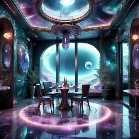 ((best quality)), ((masterpiece)), ((realistic,digital art)), (hyper detailed),DonMC3l3st14l3xpl0r3rsXL Restaurant Dining Area, Shower Curtain, Onyx stone and Cork Flooring, Moonlight, Accent Lighting, tech, scifi, futuristic , 8K, HDR, <lora:DonMC3l3st14l3xpl0r3rsXL-000007:1>
