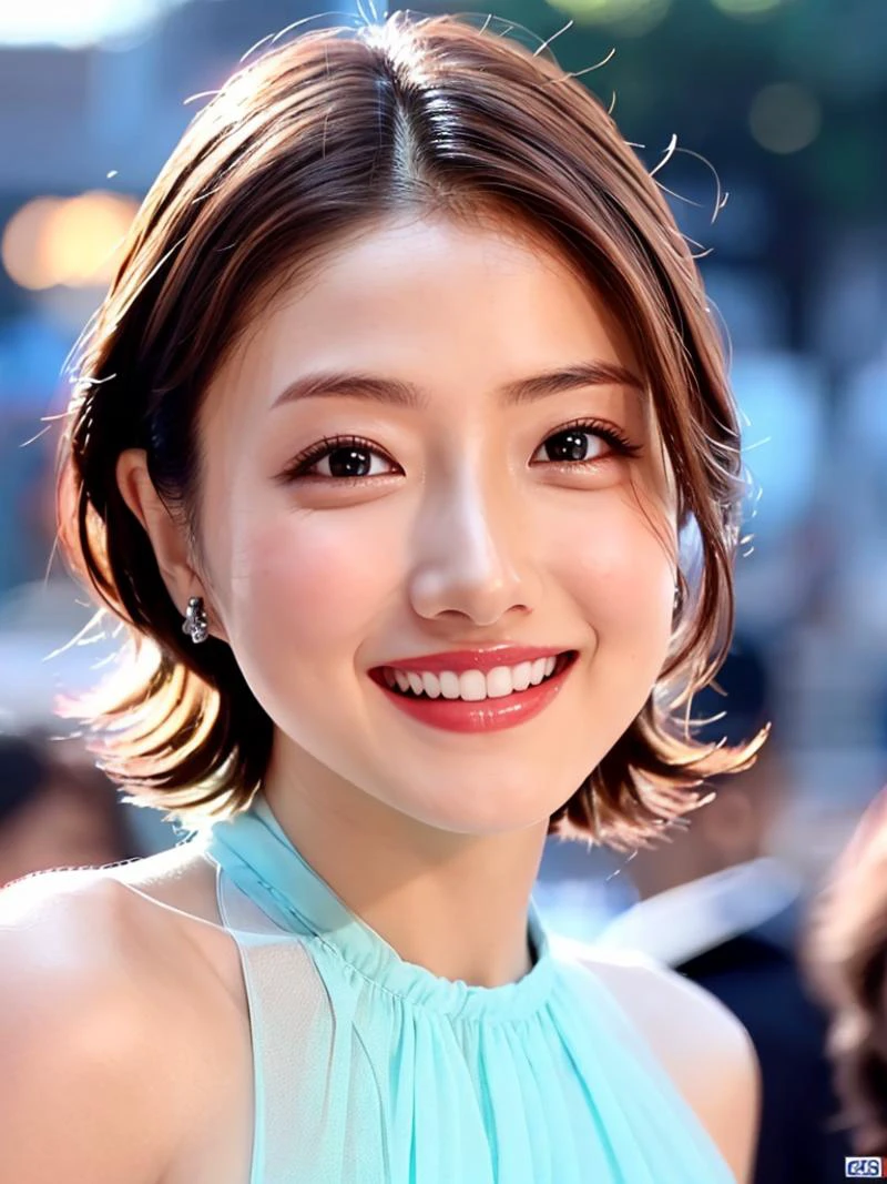 (masterpiece, best quality:1.4), 8k, highres, shiny skin, lips, super detailed skin, detailed beautiful face and eyes, spotlight, professional lighting, brown eyes, white skin, light blue dress, jewelry, full body, dancing, sexy costume, kooo123, close up, smile <lora:Satomi_IshihaOO_v1:0.8>