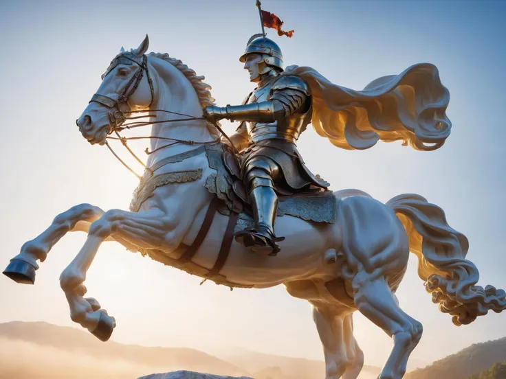 Stoic Greek statue man riding a majestic horse, showcasing a strong and robust physique, reminiscent of the iconic philosopher Seneca statue. The statue features a striking combination of white and silver, including captivating white and silver eyes."