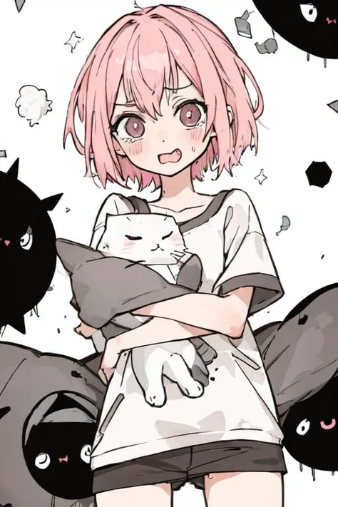 (low_contrast:1.2), grayscale,(photorealistic:1.05), (woman:1.2),(ultra-detailed, highres :1.15),(very close to viewer),(pink short hair), (pink eyes:0.65), , <lora:kanna_ogata:0.6>, <lora:WipeBack:0.1>,holding cat,(white background:1.1), ahegao, blush, sweat, open mouth, rolling eyes, tears, tongue out,