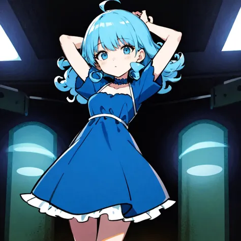 best quality, amazing intricate, cute girl, round eyes, medium breast,
Expressionless, light blue hair, arms behind her head, in a dimly lit nightclub,
looking at viewer,
medium hair, flipped hair,
(hair intakes:1.2),
,
,
(curly hair:1.2),
,
,
from front,
cowboy shot,
blue dress,
trapeze dress,
,