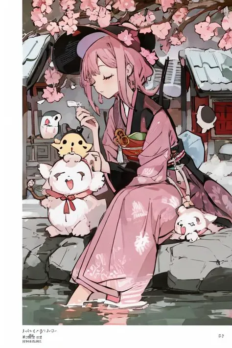 (low_contrast:1.0),,(photorealistic:1.0), (woman:1.2),(ultra-detailed, highres,scene background:1.15),soft color, (very close to viewer:1.0), <lora:WipeBack:0.1>,pink hair, (pink eyes:0.7), closed eyes, inn, hot spring, yukata, Japanese inn, curtsey, profile, witch hat,fantasy world